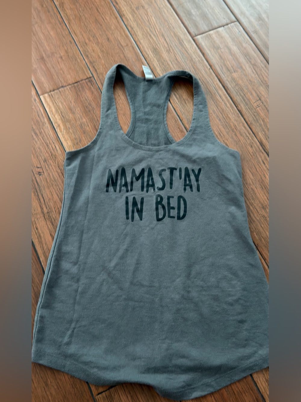 Women’s Gray Tank Top – 'Namast'ay In Bed'